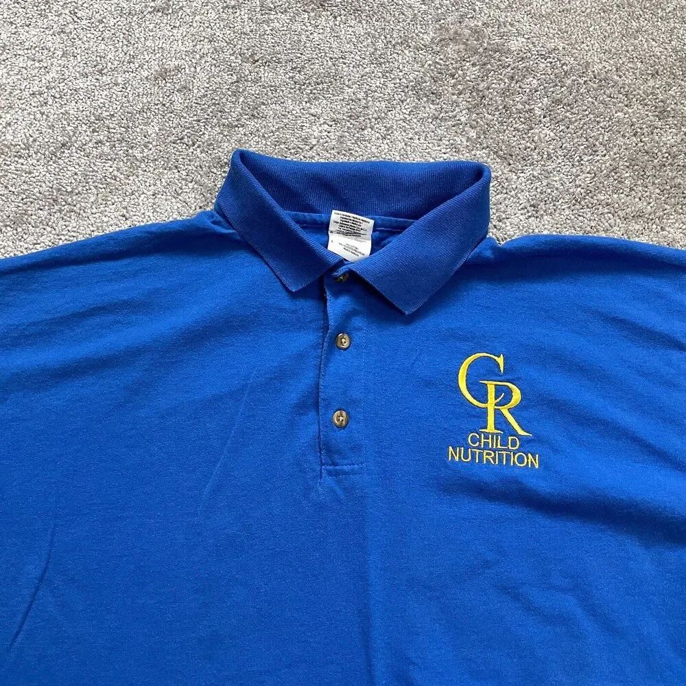 Gildan Dry Blend Polo Shirt Mens Large Blue Collared Child Nutriotion Logo Rugby